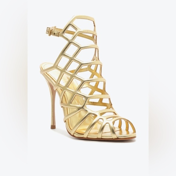 Schutz Juliana Gold High Heel Caged Open Dress Sandal Size 8 - Picture 1 of 16